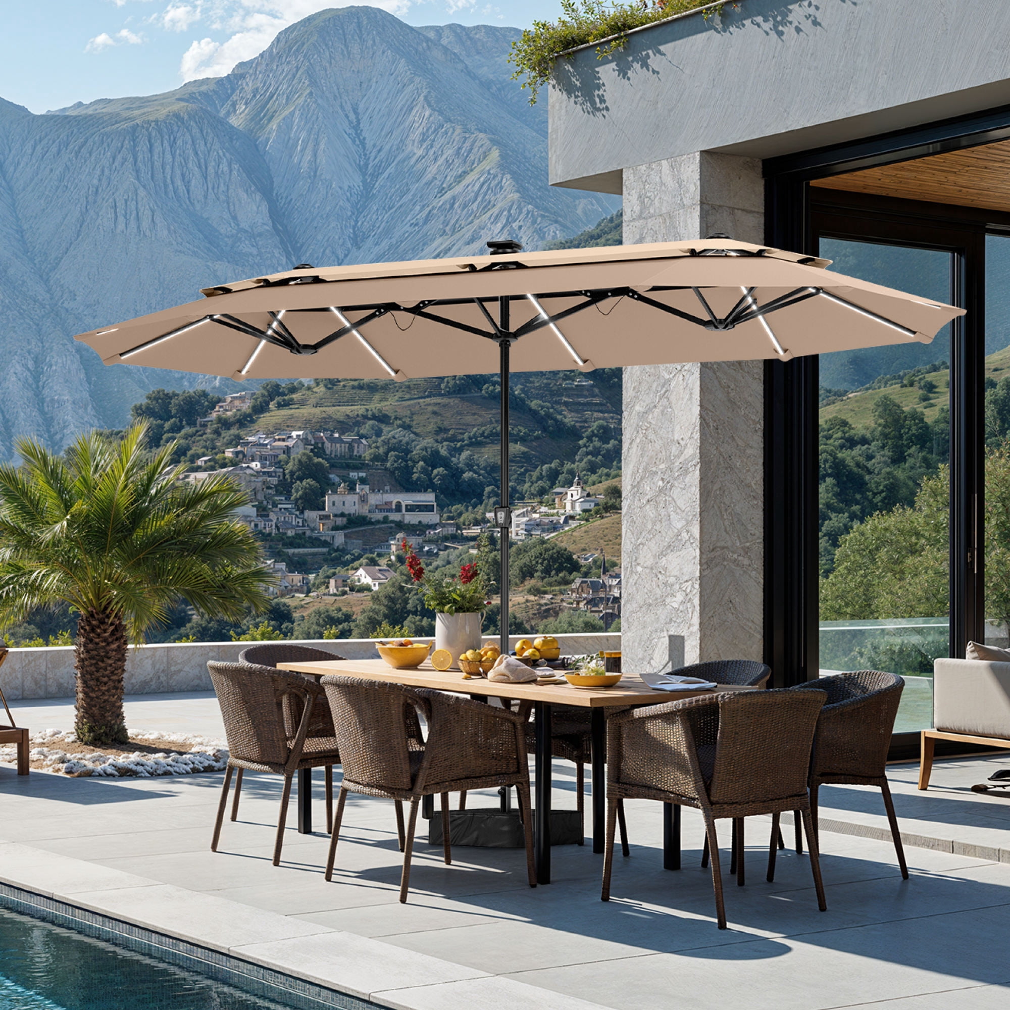 SUMMIT LIVING 13FT Patio Umbrella with Solar Lights & Base, 8 Colors 14 Modes, Double-Vented Outdoor Market Rectangle Umbrella for Garden - Beige & ... SUMMIT LIVING 13FT Patio Umbrella with Solar Lights & Base, 8 Colors 14 Modes, Double-Vented Outdoor Market Rectangle Umbrella for Garden - Beige & ...
