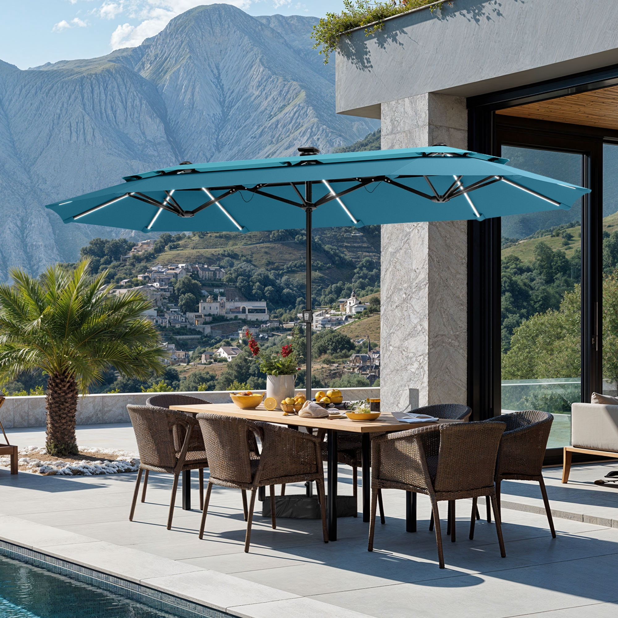 double vented patio umbrella solar lights OVIOS 15FT with APP/Remote Control, RGB LED & Heavy Base Beige / 15FT Standard Level 4 (80 hours of light exposure) Made from high 13 x 10 FT Outdoor