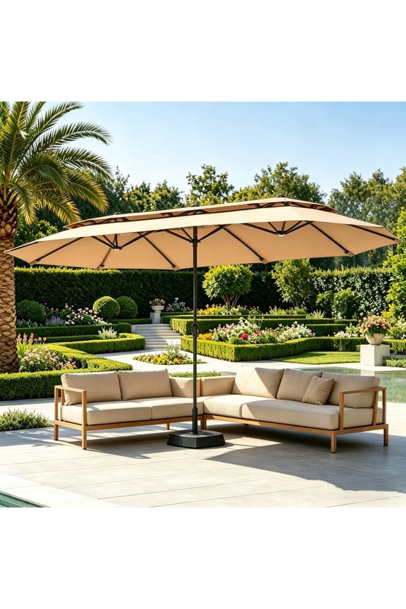 13FT Patio Umbrella with Base Included - Double-Vented Rectangle Outdoor Market Umbrella for Patio - Beige