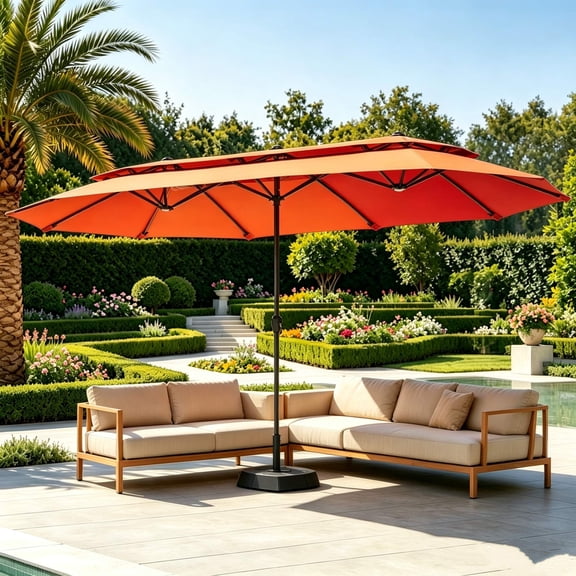 SUMMIT LIVING 13FT Patio Umbrella with Base Included - Double-Vented Rectangle Outdoor Market Umbrella for Patio - Orange Red
