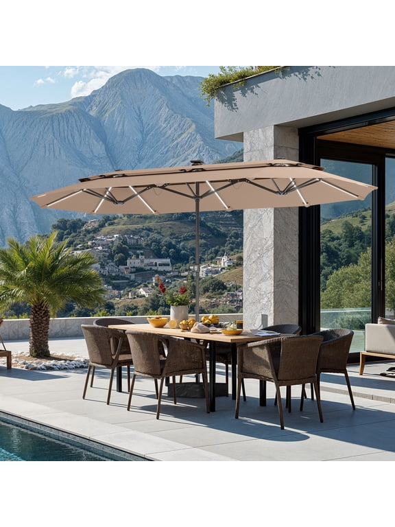13FT Patio Umbrella with Solar Lights & Base, 8 Colors 14 Modes, Double-Vented Outdoor Market Rectangle Umbrella for Garden - Beige
