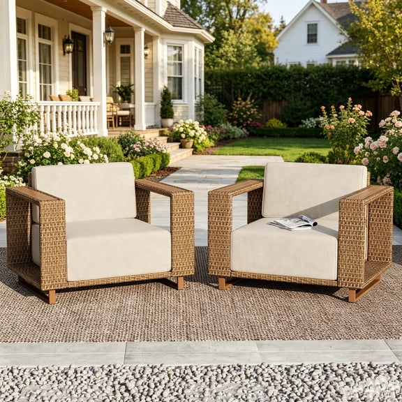 SUMMIT LIVING 2-Piece Patio Sofa, All-Weather Wicker Patio Chair with Wide Armrests & Ultra Thick 9.8" Seat Cushions for Yard & Garden, Beige