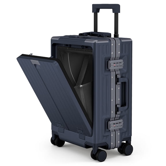 SUMMIT LIVING 20 inch Carry on Luggage, Top Opening Hardshell Zipperless Suitcase with Lightweight PC & Aluminum Frame, TSA locks, Spinner Wheels, USB Charging Port, Cup Holder, Navy Blue