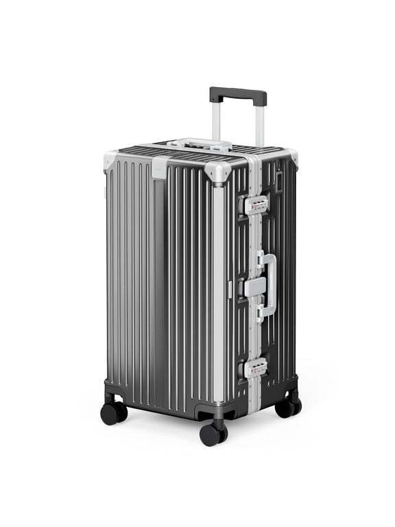 26 Inch Checked Trunk Luggage, Lightweight Zipperless PC Hardshell Suitcase with Aluminum Frame, TSA Locks, Spinner Wheels, USB Charging, Black