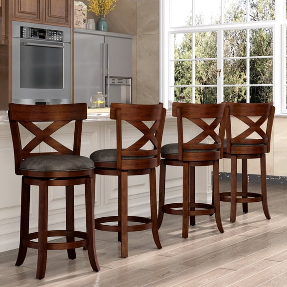SUMMIT LIVING 26" Swivel Bar Stool with Back Set of 4, Wood Counter Height Chairs with PU Leather Upholstered Seat for Kitchen Island & Home Pub, Dark Cherry