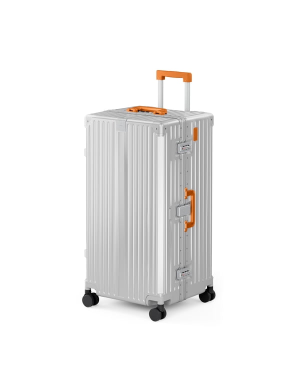 30 Inch Checked Trunk Luggage, Lightweight Zipperless PC Hardshell Suitcase with Aluminum Frame, TSA Locks, Spinner Wheels, USB Charging, Silver & Orange