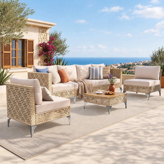 7-Piece Outdoor Patio Furniture Set-All-Weather Rattan 4-Seat Sofa & 2 Armless Chairs with Washable Cushions & Acacia Wood Top Coffee Table for Porch & Balcony, Beige