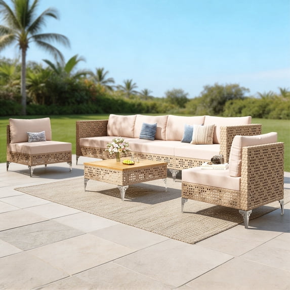 SUMMIT LIVING 4-Piece Outdoor Patio Conversation Set-All-Weather Rattan 4-Seat Sofa & 2 Armless Chairs with Washable Cushions & Acacia Wood Top Coffee Table for Porch & Balcony, Beige