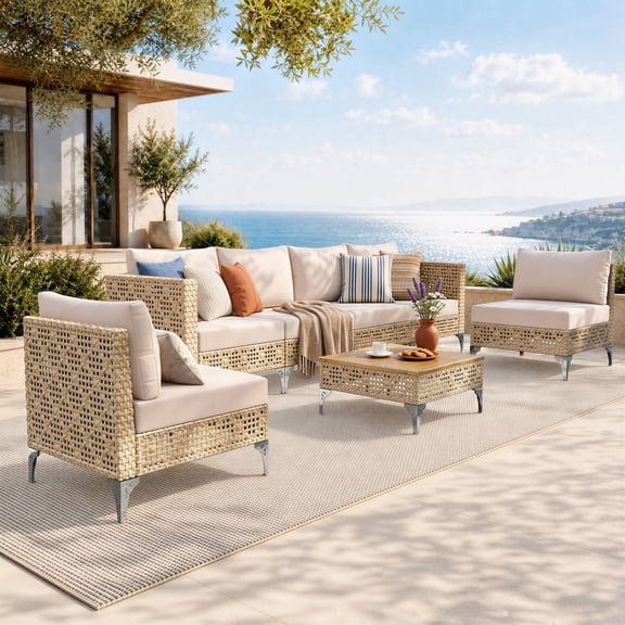 7-Piece Outdoor Patio Furniture Set-All-Weather Rattan 4-Seat Sofa & 2 Armless Chairs with Washable Cushions & Acacia Wood Top Coffee Table for Porch & Balcony, Beige