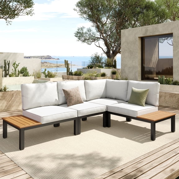4-Piece Outdoor Patio Furniture Set with Modular Sofa, Outdoor Patio Sectional Set with Wood Built-in Side Table for Balcony & Couch