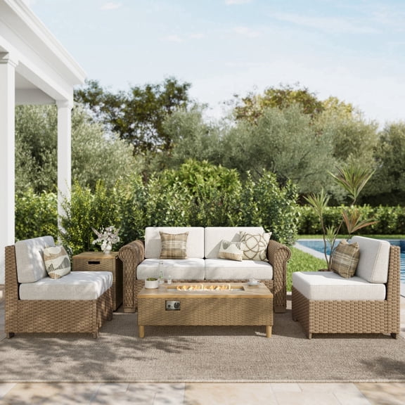 SUMMIT LIVING 4-Seat Wicker Outdoor Patio Furniture Set with 42" Fire Pit Table, Outdoor Patio Sectional Set with 2 in 1 50000 BTU Propane Fire Pit Table with Hidden Tank Table