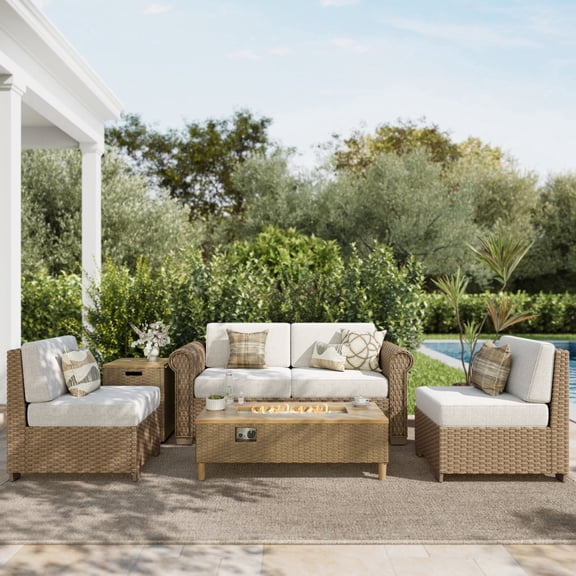 SUMMIT LIVING 4-Seat Wicker Outdoor Patio Furniture Set with 42" Fire Pit Table, Outdoor Patio Sectional Set with 2 in 1 50000 BTU Propane Fire Pit Table with Hidden Tank Table