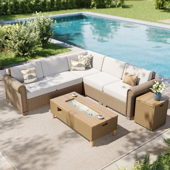 SUMMIT LIVING 5-Seat Wicker Outdoor Patio Furniture Set with 42" Fire Pit Table, Outdoor Patio Sectional Set with 2 in 1 50000 BTU Propane Fire Pit Table with Hidden Tank Table