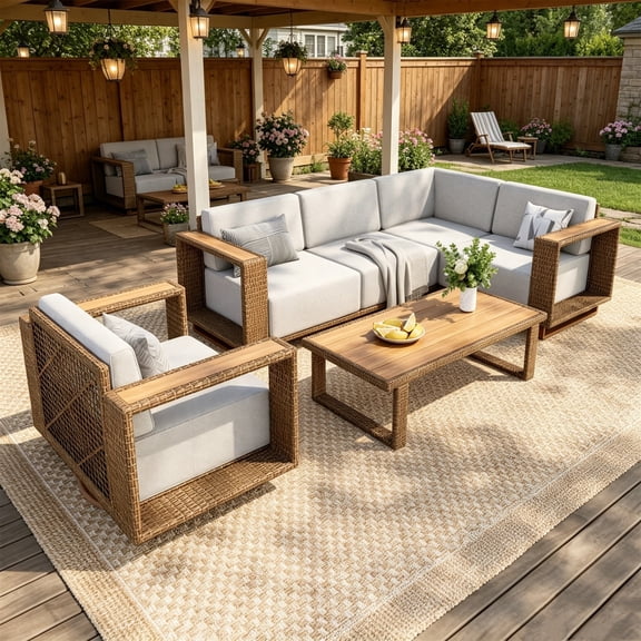 6-Piece Wicker Patio Furniture Set, L-Shaped Outdoor Sectional Sofa with Swivel Sofa and Coffee Table for Garden Backyard, Beige