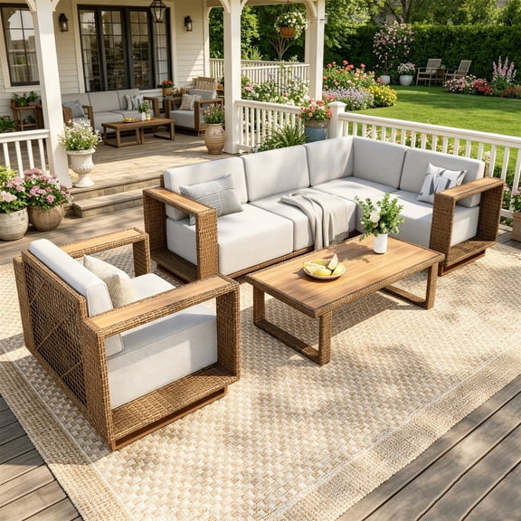 SUMMIT LIVING 6-Piece Wicker Patio Furniture Set, All-Weather Outdoor Sectional Conversation Sofa with Coffee Table & Single Sofa for Garden Backyard, Beige