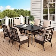 SUMMIT LIVING 7-Piece Outdoor Patio Dining Set, Patio Table and Chairs with Cushions, 1.6 /2  Umbrella Hole, Black & Beige