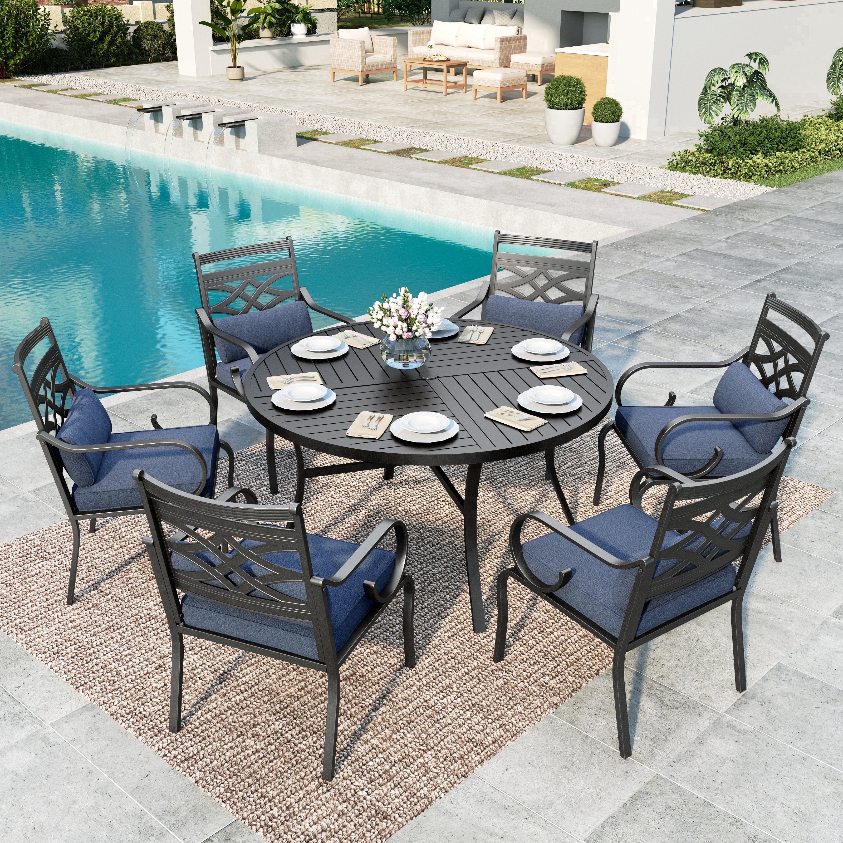 SUMMIT LIVING 7-Piece Outdoor Patio Dining Set with 6 Cushioned Chairs & Metal Round Table with Umbrella Hole, Black & Blue