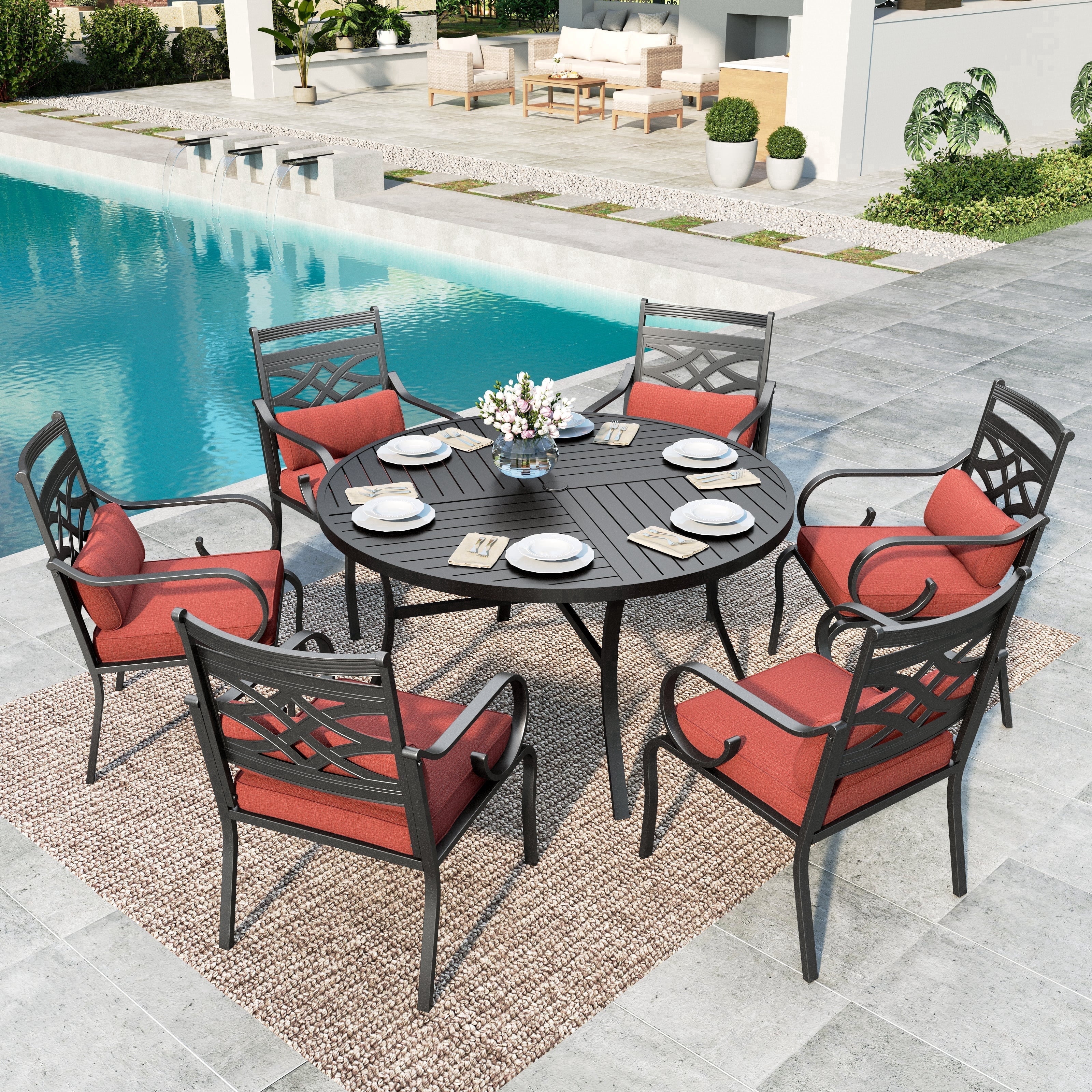 SUMMIT LIVING 7-Piece Outdoor Patio Dining Set with 6 Cushioned Chairs & Metal Round Table with Umbrella Hole, Black & Red