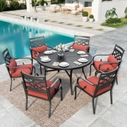 SUMMIT LIVING 7-Piece Outdoor Patio Dining Set with 6 Cushioned Chairs & Metal Round Table with Umbrella Hole, Black & Red