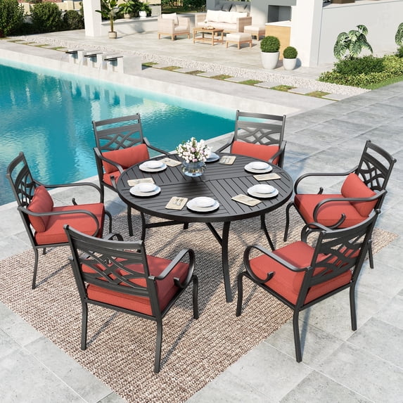 SUMMIT LIVING 7-Piece Outdoor Patio Dining Set with 6 Cushioned Chairs & Metal Round Table with Umbrella Hole, Black & Red