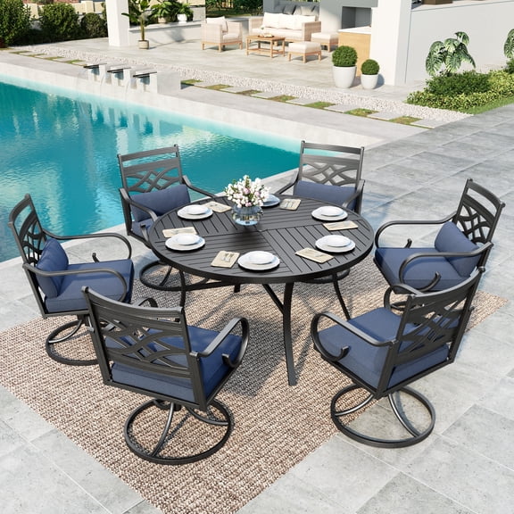 SUMMIT LIVING 7-Piece Outdoor Patio Dining Set with 6 Cushioned Swivel Chairs & Metal Round Table with Umbrella Hole, Black & Blue