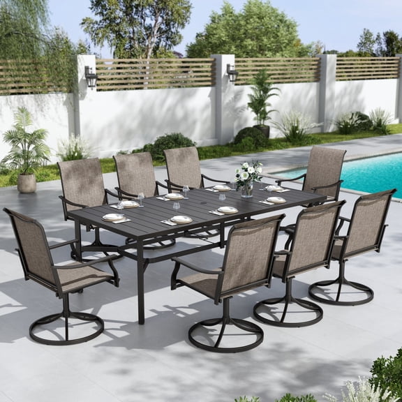SUMMIT LIVING 9-Piece Outdoor Patio Dining Set, Rectangle Patio Table and 8 High-Back Swivel Chairs, Metal Frame & All-Weather Textilene Fabric for Backyard & Balcony