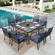 SUMMIT LIVING 9-Piece Outdoor Patio Dining Set with 8 Cushioned Chairs & Metal Steel Table with Umbrella Hole, Black & Blue