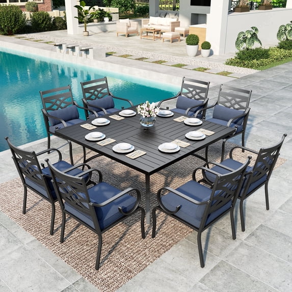 SUMMIT LIVING 9-Piece Outdoor Patio Dining Set with 8 Cushioned Chairs & Metal Steel Table with Umbrella Hole, Black & Blue