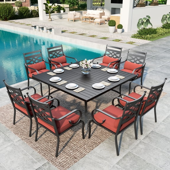 SUMMIT LIVING 9-Piece Outdoor Patio Dining Set with 8 Cushioned Chairs & Metal Steel Table with Umbrella Hole, Black & Red