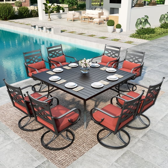 SUMMIT LIVING 9-Piece Outdoor Patio Dining Set with 8 Cushioned Swivel Chairs & Metal Steel Table with Umbrella Hole, Black & Red