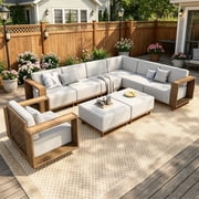 SUMMIT LIVING Wicker Patio Furniture Set, All-Weather 9-Piece L Shaped Outdoor Sectional Set with 2 Ottomans & Swivel Sofa for Garden Backyard, Beige