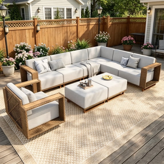 SUMMIT LIVING Wicker Patio Furniture Set, All-Weather 9-Piece L Shaped Outdoor Sectional Set with 2 Ottomans & Swivel Sofa for Garden Backyard, Beige