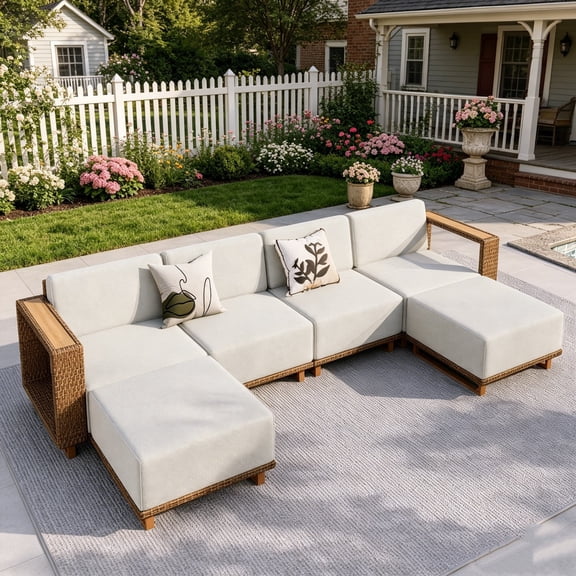 Wicker Outdoor Sectional Conversation Set, 6-Piece Patio Furniture Set with Ultra Thick 9.8" Seat Cushions for Yard & Garden, Beige