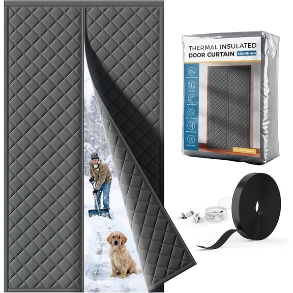 SUMMIT-Magnetic Thermal Insulated Door Curtain Fits Door Size 36 x 82 Inch, Door Insulation Cover for Cold, Oxford Cloth Thicken Cotton Filled Blanket for Front Back Sliding Door in Winter, Grey