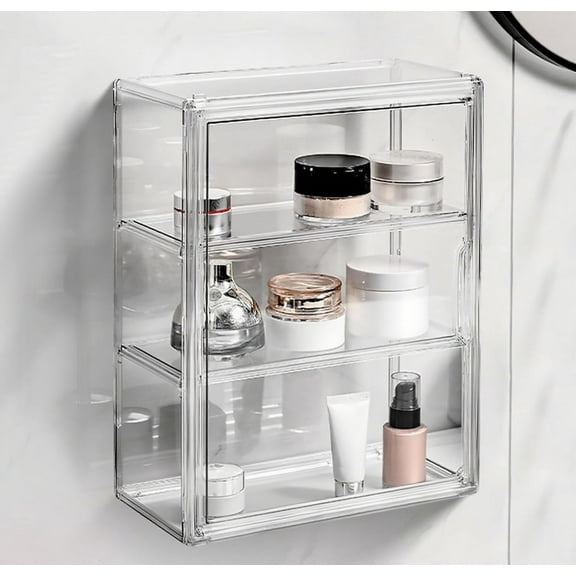 SUMMIT Medicine Cabinet Wall Mounted, Small Bathroom Wall Cabinet with Detachable Partitions and Waterproof Frame, Self Adhesive Farmhouse Storage Cabinet for Smooth Wall Surface and Countertop-Clear