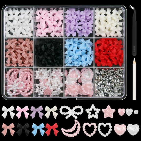 SUMMIT-Nail Art Studs Kit, 12 grids 8 Colors 3D Charms and Pink Mix White Star Heart Moon Cute Nail Jewels for DIY Decoration