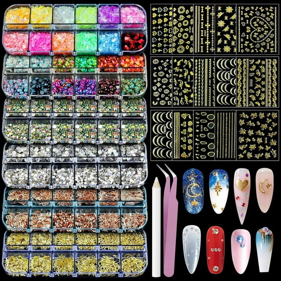 SUMMIT-Nail Art Studs Kit, 6 boxes Multicolor And Design 3D Charms Pearls With 15 Sheets Gold Nail Stickers, Diamond Cute Nail Jewels For DIY Decoration with Pickup Tools