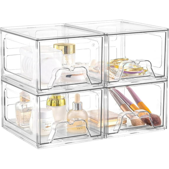 SUMMIT Plastic Drawers Storage, 4 Pack Clear Stackable Storage Drawers, Acrylic Storage Bins with Drawers for Fridge Organizers, Small PlasticDrawers Stackable for Makeup Organizers Cosmetic Display