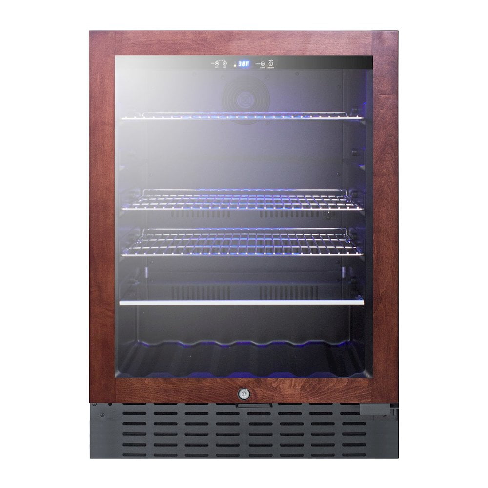 Built-in undercounter beverage refrigerator with panel-ready glass door, digital controls, lock, and black cabinet