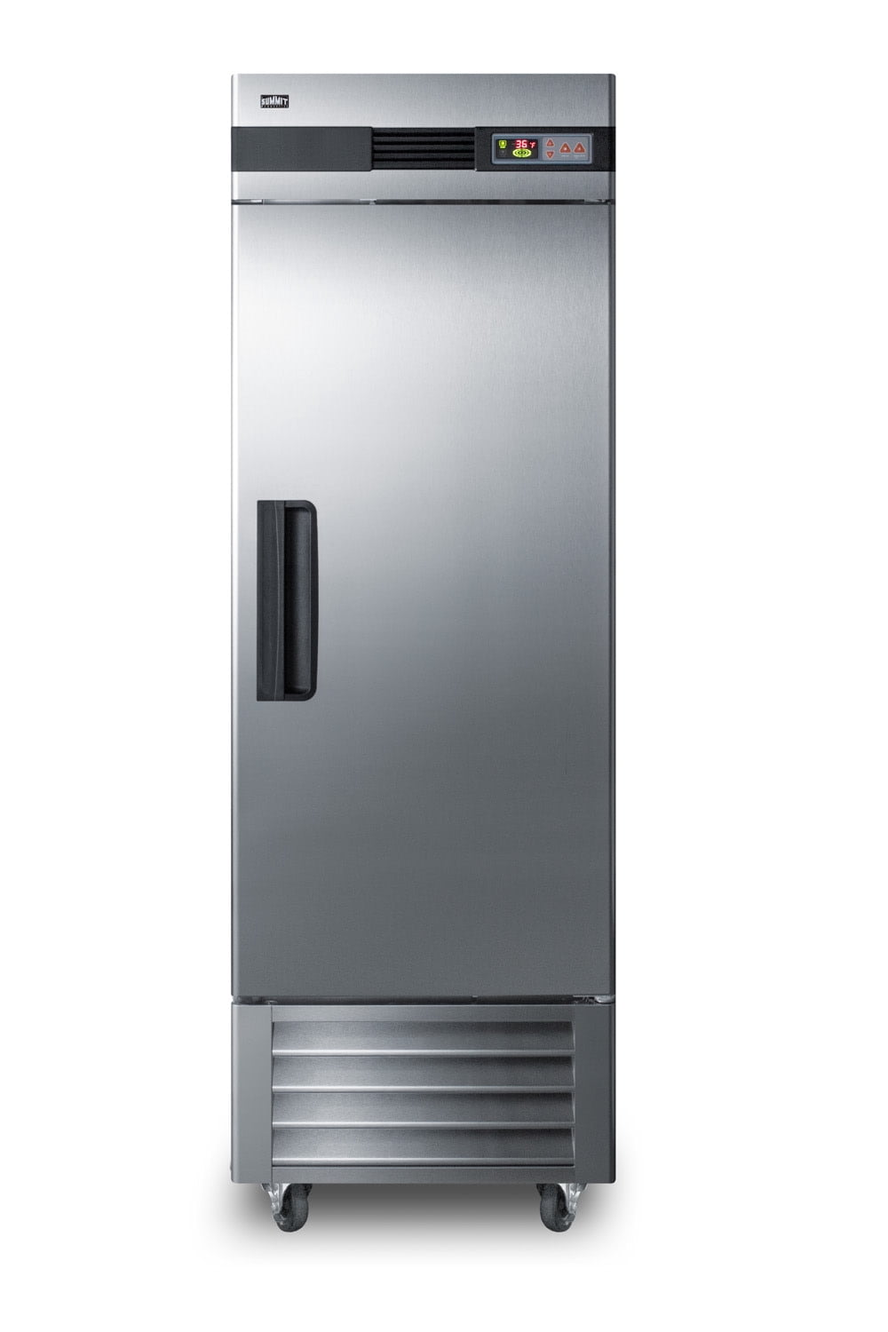 Commercially approved 23 cu.ft. reach-in refrigerator in complete stainless steel, left hand door swing
