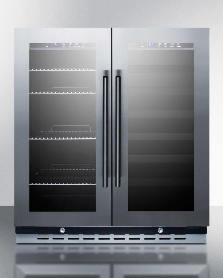 Elegant 33 Bottle Dual Zone Wine and Craft Beer Refrigerator with French Door Swing