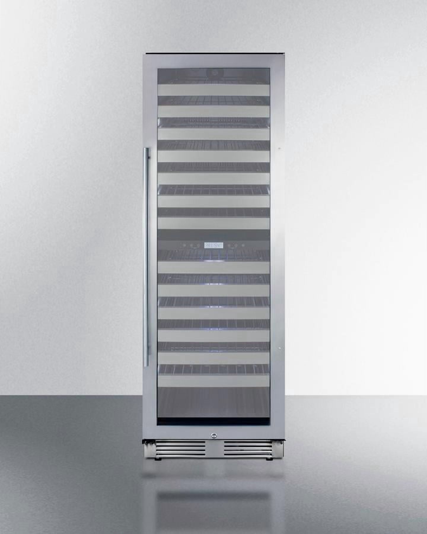 Commercially approved dual zone wine cellar for built-in or freestanding use with seamless stainless steel door and full-extension shelving
