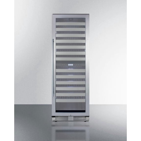 Commercially approved dual zone wine cellar for built-in or freestanding use with seamless stainless steel door and full-extension shelving