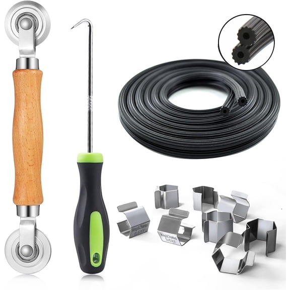SUMMIT Screen Repair Kit, 4 in 1 Screen Roller Tools with Bearing & Removal Hook & Clips(8 pcs) & Spline(32 ft) and User Manual, for Install/Replace Door Window Mesh