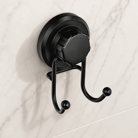 SUMMIT - Suction Cup Hooks for Shower, Stainless Steel Bathroom Towel Hooks with No Drill Adhesive Mount, Wall Mounted Organizer Hangers for Towels Bathrobes Loofahs, Strong Grip Design, Black,1 Pack