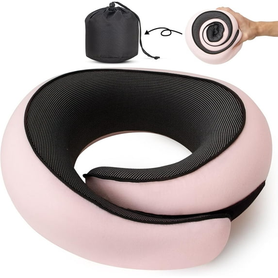 SUMMIT Travel Pillow, Travel Neck Pillow for Airplanes Car, 100% Pure Memory Foam Travel Pillow, Sleeping Essentials for Long Flight 360° Head Support Degree Comfort and Breathability (Pink)