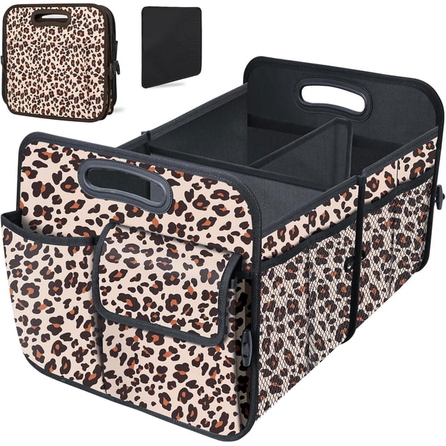 SUMMIT-Trunk Organizer, Collapsible Trunk Organizers and Storage, Car Accessories for Women and Men, Multi-Compartment Trunk Storage Organizer for SUV, Car, Mini-Van, Leopard Print