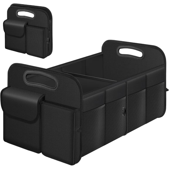 SUMMIT-Trunk Organizer, Collapsible Waterproof car Trunk Organizer for SUVs & Sedans, Car Storage Organizers with Reinforced Handles, Car Accessories for Women and Men, 2 Compartments, 52L, Black