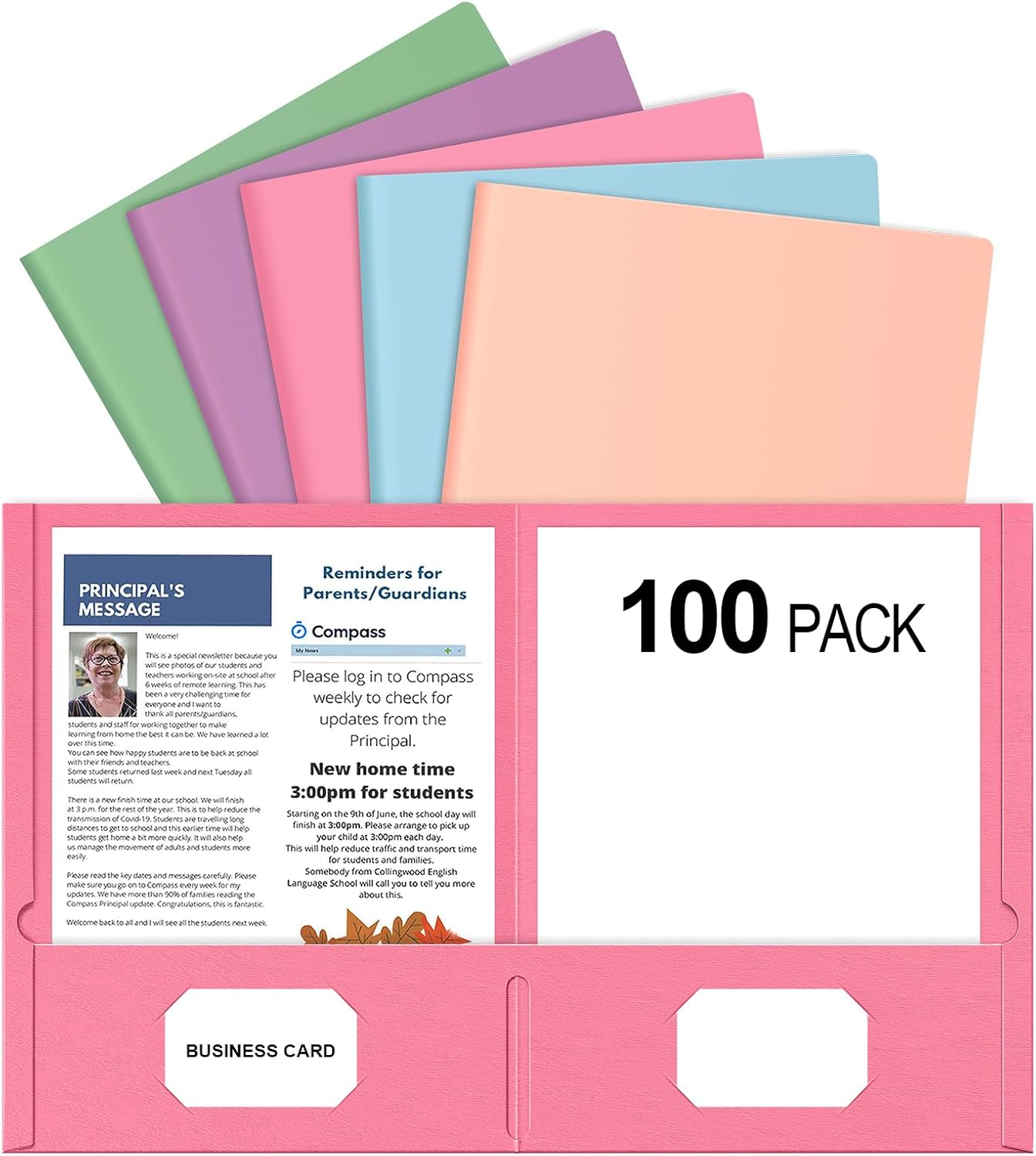 SUMMIT -  Two Pocket Folders, 100 Pack 2 Pocket Folders Fit Letter Size Paper, Pastel Paper File Folders with Pockets for School Office Home Business, Assorted 5 Colors