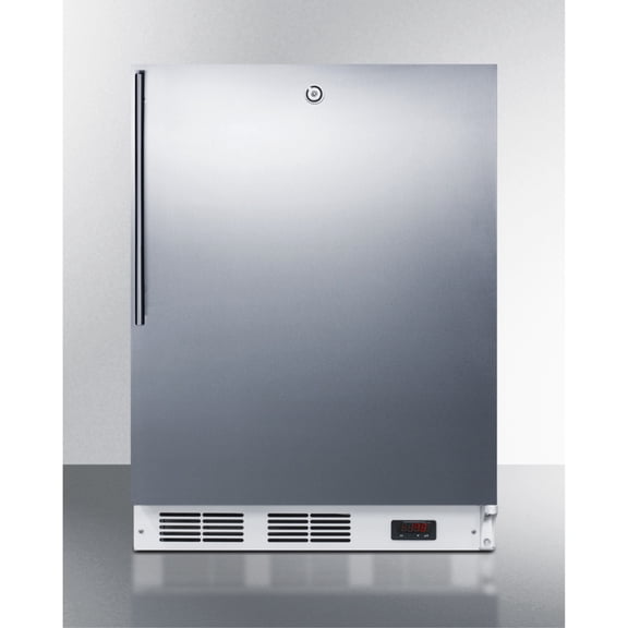 ADA compliant built-in medical all-freezer capable of -25 C operation, with lock, stainless steel door, thin handle, and white cabinet